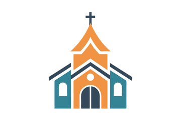Stylized blue and orange church with cross stands tall against a clean white background
