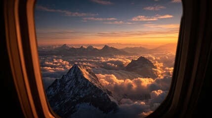 Mountain peaks seen through airplane window at sunset