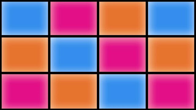 fluorescent neon disco tv video wall of alternating flashing multi coloured squares of bright pink, orange and blue 4K music pop promo video wallpaper background animated motion backdrop