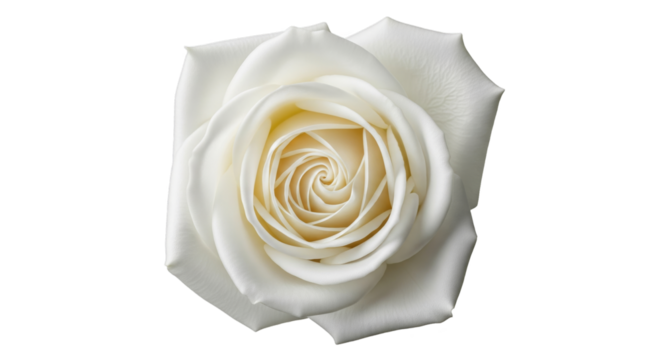 A flawless ivory white rose head with spiraling petals symbolizing purity and new beginnings isolated on a transparent background