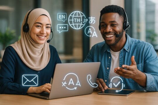 Engaging multilingual support team office setting professional interaction collaborative environment close-up view customer service excellence