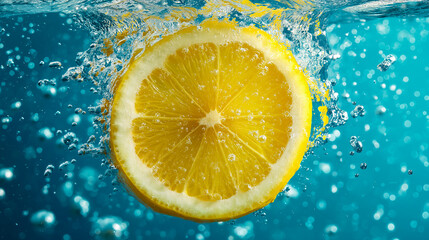 Fresh lemon slice splashing into clear sparkling water with bubbles and blue background
