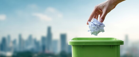 The Green Bin and Hand Disposing of Crumpled Paper Against City Skyline