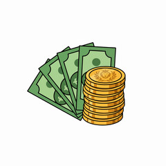 Stylized flat illustration of us dollar bills and gold coins