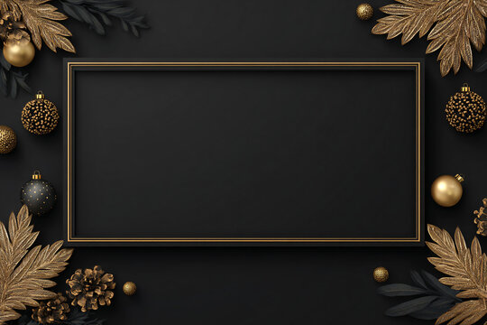 A luxurious dark black Christmas background with gold trim around the edges. Elegant ornaments. Empty center for text or greetings. New Year's card in the form of a frame. - Powered by Adobe