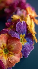 Vibrant Primrose Flowers with Water Droplets in Close-Up.
