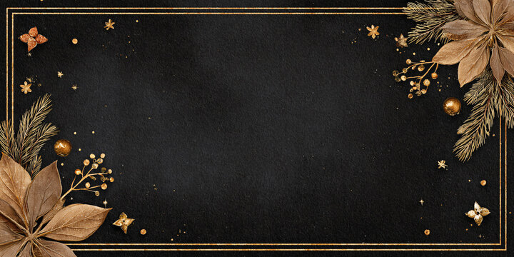 A luxurious dark black Christmas background with gold trim around the edges. Elegant ornaments. Empty center for text or greetings. New Year's card in the form of a frame. - Powered by Adobe