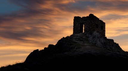 Obraz premium Silhouetted ruin atop a hill at sunset