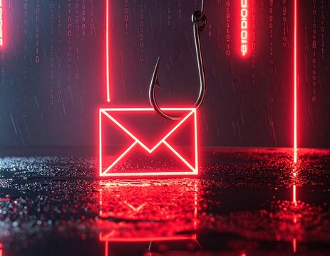 Cybersecurity risk illustration, red hologram envelope pierced by fishing hook - phishing concept