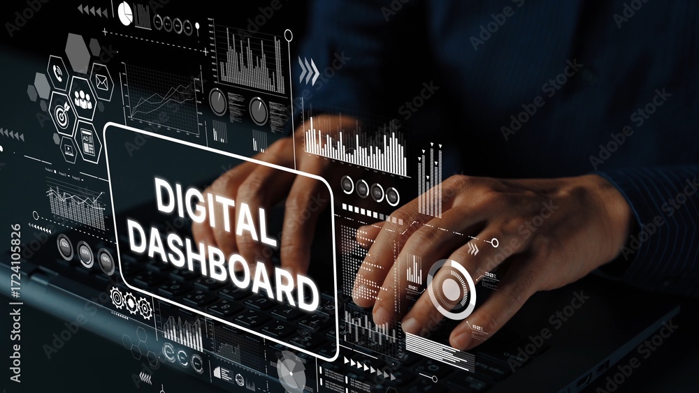 Poster hands typing on laptop with futuristic digital dashboard and data analytics display concept. asympto