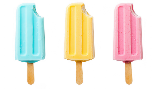 Three colorful popsicles isolated on transparent background with a bite taken out