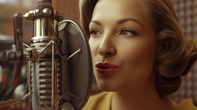 A charming radio host smiles while speaking into a vintage microphone in a 1940s studio. The warm atmosphere captures the excitement of live broadcasting in that era.
