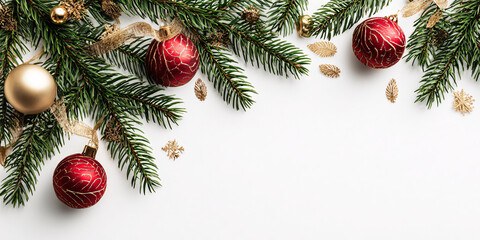 Minimalistic Christmas background with pine branches and New Year's decor on the sides. Top view. Elegant holiday design. New Year's banner with empty space. Postcard.