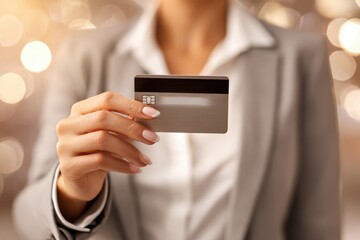 Business professional holding a credit card, ready for secure payments.