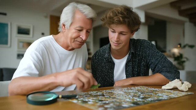 Adult son helping senior father with puzzle in apartment scarred wooden table. Worn puzzle pieces scattered scratched magnifying glass nearby. Curled napkin with crumbs radiator