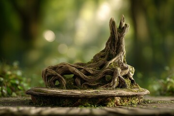 Fototapeta premium Natural art display of an intricate bonsai tree standing on a wooden base in a serene forest setting during daytime