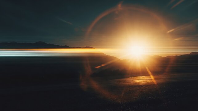 Sunrise over mountains, sunbeams, blurred motion