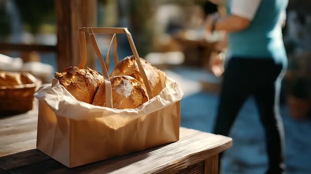 Farmer&rsquo;s market stall on shopping day scarred wooden counter with flaky bread crust. Folded paper bag with loaves frayed apron straps on hook. Slick cobblestones echoing
