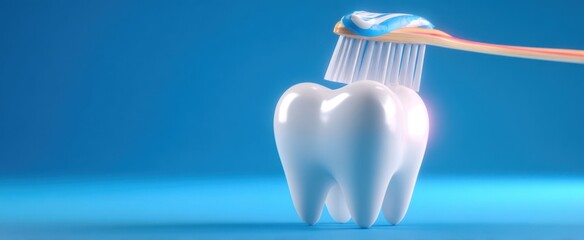 The Tooth and Toothbrush Brushing with Toothpaste on Blue Background