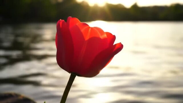 Red tulip by water sunset
