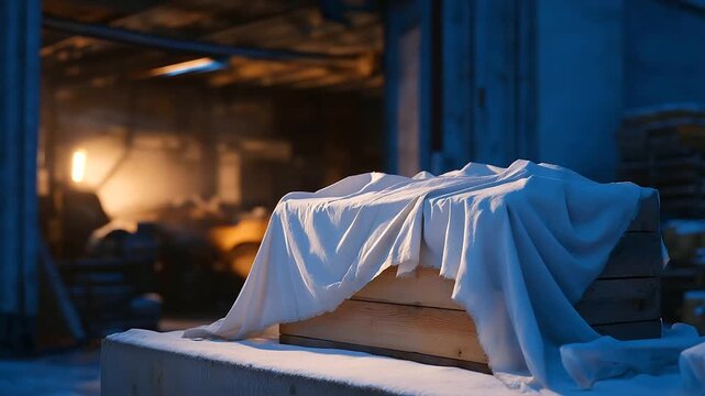 Idle snowplow in snowy warehouse rusted frame frayed tarp covering creased logbook on scarred crate. Drifting snow humming heater. Empty photo with tarp folds paper creases