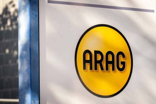 Logo of the ARAG SE insurance company on a local office in Freiburg, Germany