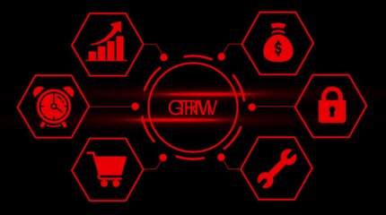 Futuristic red glowing digital network connecting business icons growth money security shopping time tools abstract technology concept - Powered by Adobe