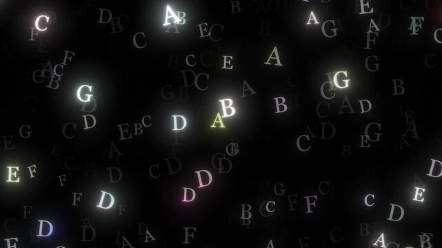 Abstract Glowing Letters Background Loop Dynamic Colorful Alphabet Characters A-g Floating On Black. Perfect For Education, Technology, Ai, Data, Learning, And Digital Communication Concepts.glowing A