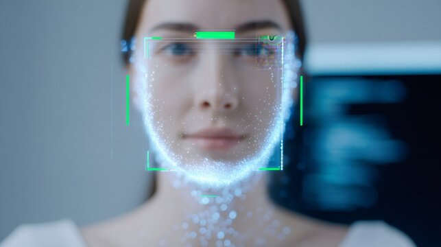 Young woman with digital face recognition scanning her. Biometric identification system for security and artificial intelligence. Modern technology concept.