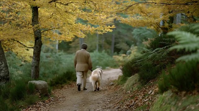 Retiree walking dog on forest trail fallen leaves darting squirrels swinging leash. Peaceful photo with fur softness trail details autumn calm. three quarter wide angle