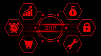 Red digital network diagram with business icons financial growth security shopping time and tools on black background abstract technology concept - Powered by Adobe