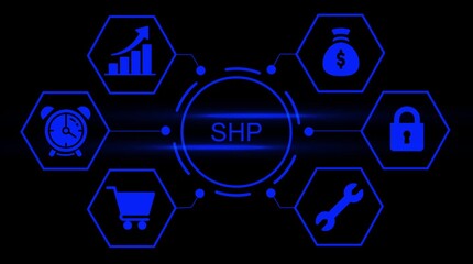 Futuristic business infographic concept with glowing blue icons representing growth finance shopping security time and tools on a dark background digital network connection - Powered by Adobe