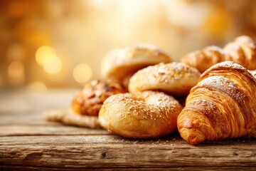 Delicious assortment of freshly baked pastries and breads on a rustic wooden table with warm lighting.