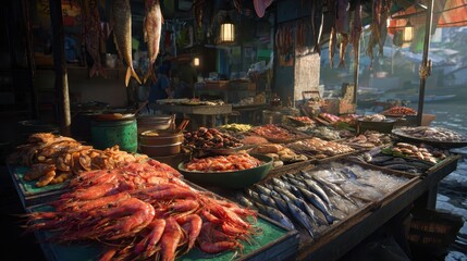 Seafood Market Abundance - Fresh Catch Displayed for Sale.