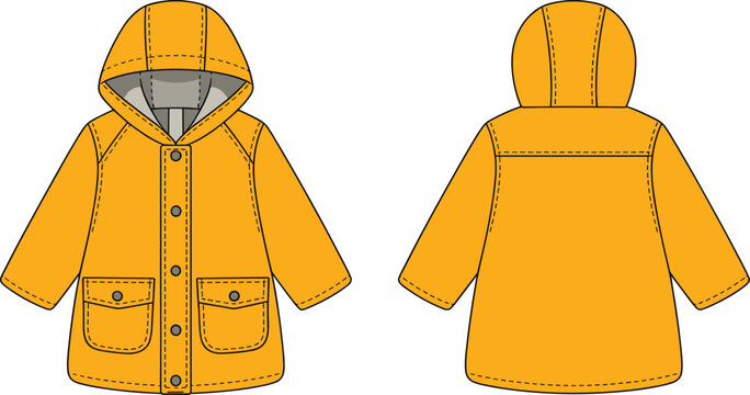 Kids hooded raincoat CAD flat sketch with button placket, patch pockets, seam details, children’s outerwear front and back view, fashion apparel technical drawing vector