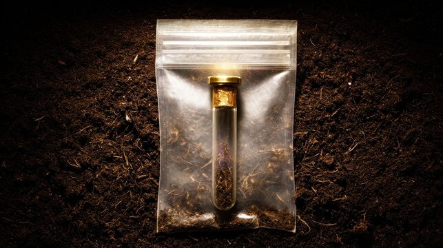 Test Tube Containing Dark Substance on Soil Background in Plastic Bag