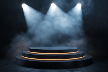 Obraz premium Bright lights illuminate a stage with smoke for an upcoming performance or event in a dark venue