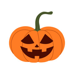 Orange pumpkin with a carved happy face featuring triangle eyes and a wide smile. Fun and festive Halloween, autumn decoration. Flat vector fall illustration. Isolated background. Hand-drawn.