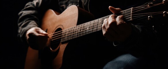 The guitar close up with hands strumming an acoustic instrument in dramatic lighting