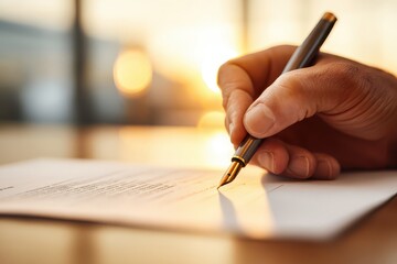 Close-up of hand writing with fountain pen on paper, bathed in warm light.