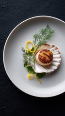 Seared Scallop Served in Shell with Dill and Lemon Garnish.