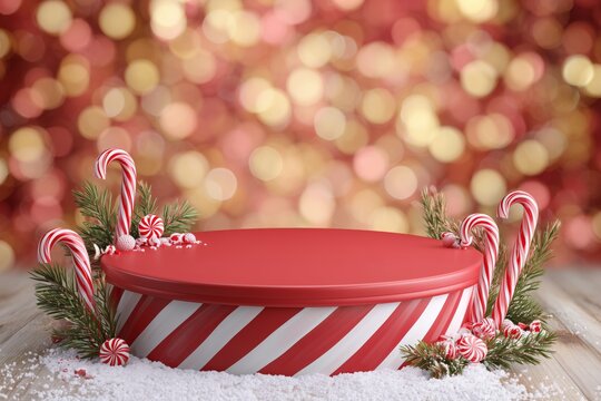 Festive holiday display with red and white striped platform surrounded by candy canes and peppermint candies in a cheerful bokeh background