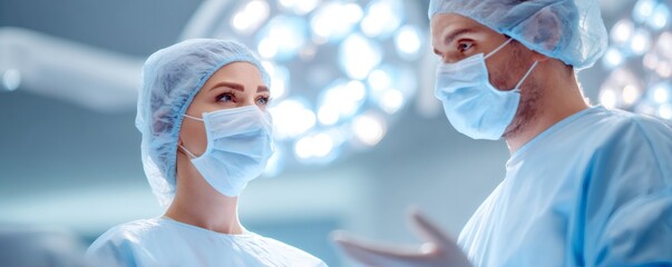 Woman and man surgeon communicating in operating room. Healthcare staff discussion before surgery. Medical training team collaboration expertise.