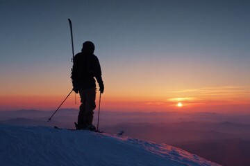 Silhouetted skier at sunrise mountaintop