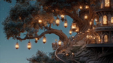 Whimsical treehouse in a high-fantasy style, with intricate, glowing lanterns and a swirling, storybook-like sky.