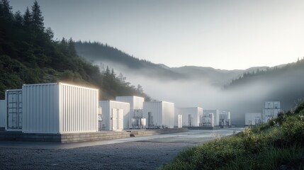 Obraz premium Tranquil Industrial Landscape with Shipping Containers and Fog