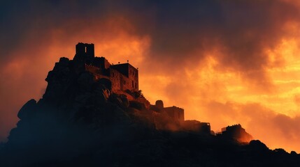 Obraz premium Ruined castle atop a mountain at sunset