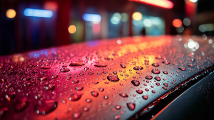 Macro of raindrops beading and rolling on metallic car surface with neon city lights reflection