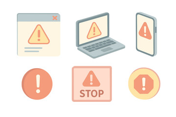 System Alert Icons. Isometric vector illustration set of system alert icons: warning popup window, laptop with alert symbol,