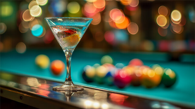 Macro shot of cocktail glass with drink placed on edge of billiards table with colorful bokeh background